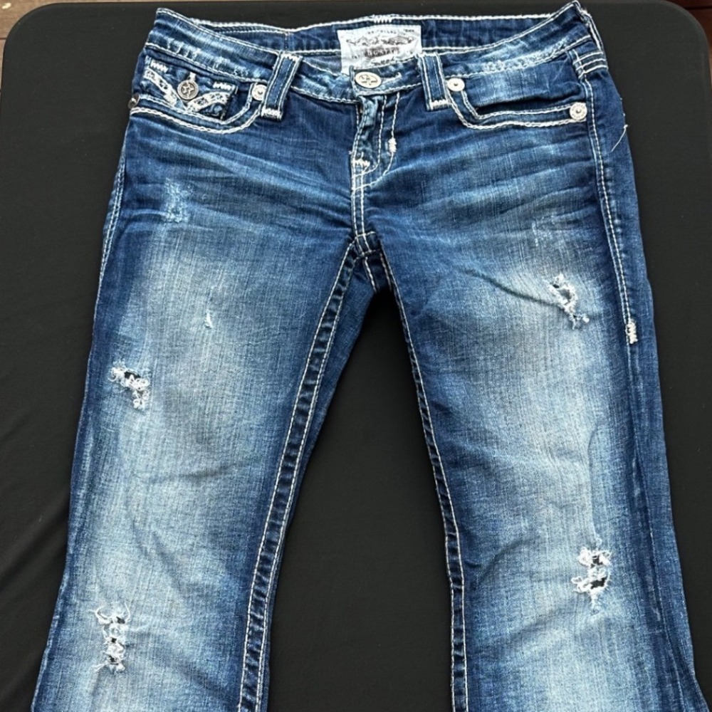 Big Star Sweet Bootcut Jeans Womens 27L Blue Good Distressed Thick Stitch